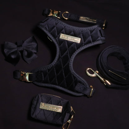 Boujee Black Velvet Harness, Lead, Collar, Poop Bag, Bow Tie Bundle