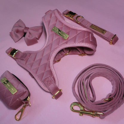 Pretty in Pink Velvet Harness, Lead, Collar, Poop Bag, Bow Tie Bundle