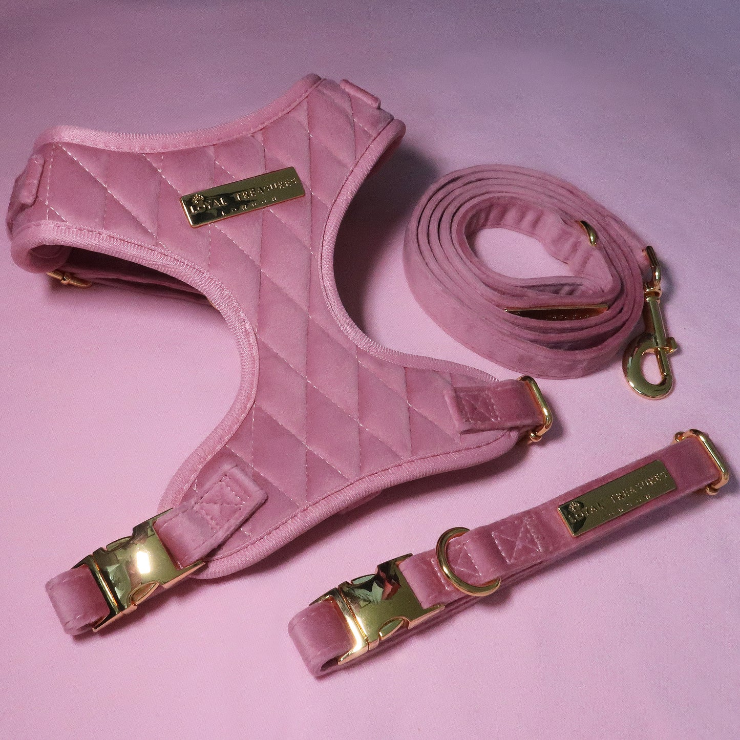 Pretty in Pink Velvet Adjustable Neck Harness, Lead & Collar Bundle