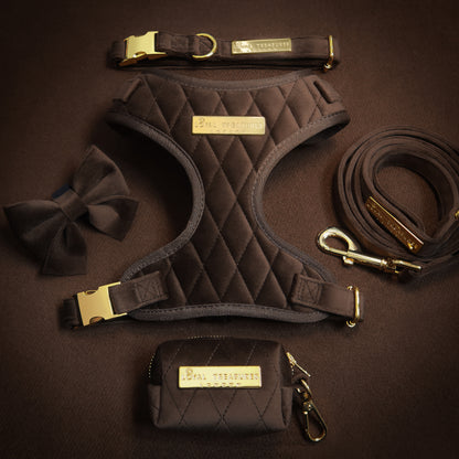 Chocolat Veloute Harness, Lead, Collar, Poop Bag, Bow Tie Bundle